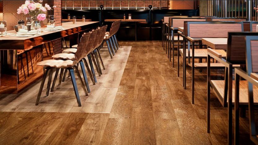 Wood-effect LVT flooring fitted throughout a restaurant
